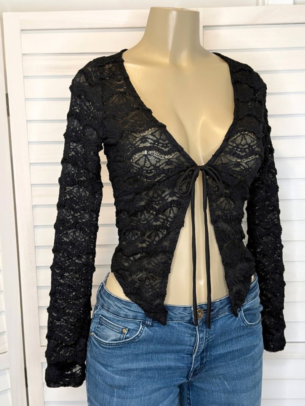 PAPERMOON Black Sheer Lace Tie Front Long Sleeve Top